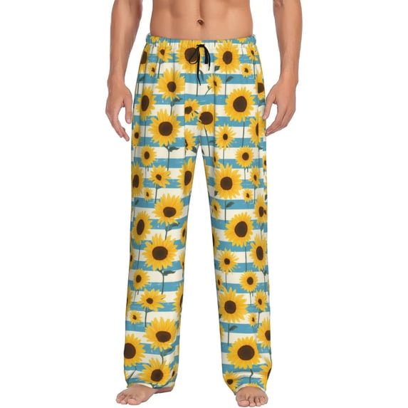 KLL Mens Pajama Pants for Men,Mens Lounge Pants,Funny Gifts for Men,Men's Pajama Bottoms White Blue Striped Sunflower -Large