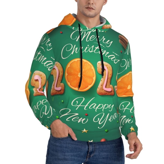 KLL Merry Christmas 2025 Print Mens Hoodie Long Sleeve Casual Pullover Hooded Sweatshirt Fashion Drawstring Hoodies with Pocket-Large