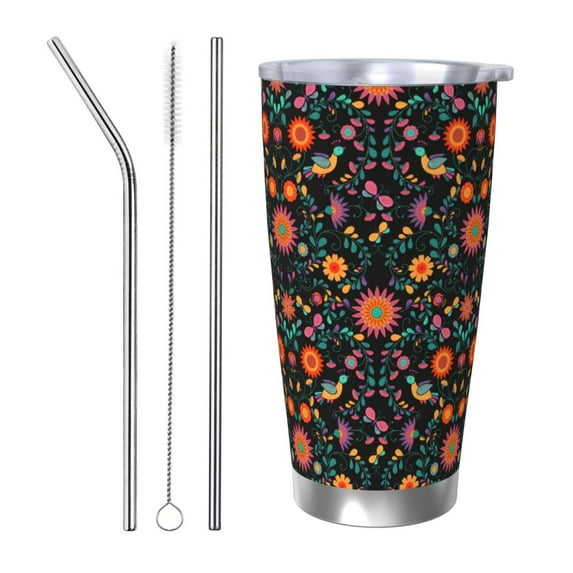 KLL Mexican Flower And Birds Print 40oz Stainless Steel Insulated Car Cup with Spillproof Lid - Keep Your Drink Hot or Cold on the Go-Straw Three-piece Set