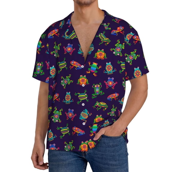 KLL Mexican Frogs Print Men's Shirt Short Sleeve Button Down Summer Cuba Beach Shirts- X-Large
