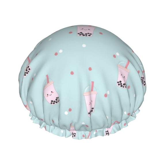 KLL Milk Tea Pattern Shower Cap & Bath Cap for Women,Reversible Oversized Waterproof Shower Caps for all Hair Lengths,Elastic Reusable Bathing Hair Cap