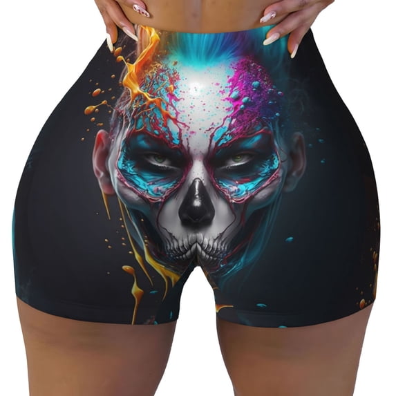 KLL Modern Abstract Colorful Skull Pattern Workout Shorts for Women Scrunch Short Gym Yoga Running Sport Active Exercise Fitness Shorts