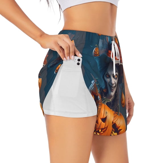 KLL Modern Style Pumpkin Witch Pattern Shorts Women,Athletic Shorts High Waisted Running Shorts Pocket Sporty Short Gym Elastic Workout Shorts-X-Large