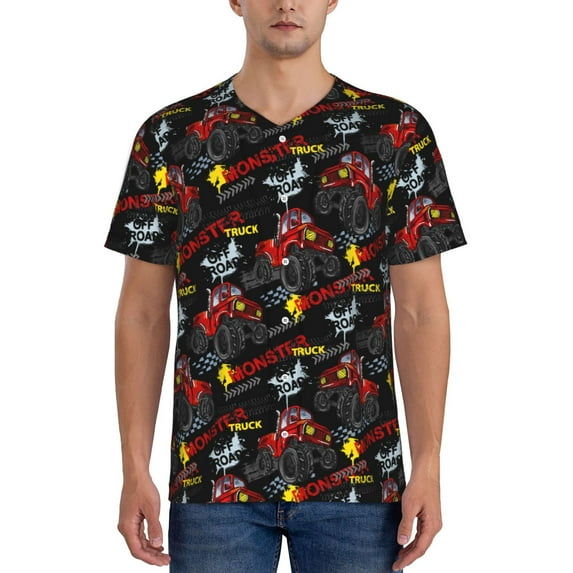 KLL Monster Truck for Men's Baseball Shirts,Short Sleeve Casual Shirts Button Down Shirt for Men Beach Summer Wedding Shirt-Small