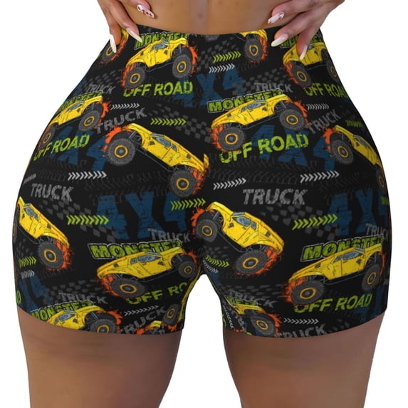 KLL Monster Truck1 Pattern Workout Shorts for Women Scrunch Short Gym Yoga Running Sport Active Exercise Fitness Shorts