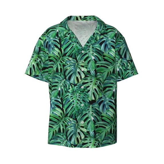 KLL Monstera Leaves Print Men's Shirt Short Sleeve Button Down Summer Cuba Beach Shirts- Small