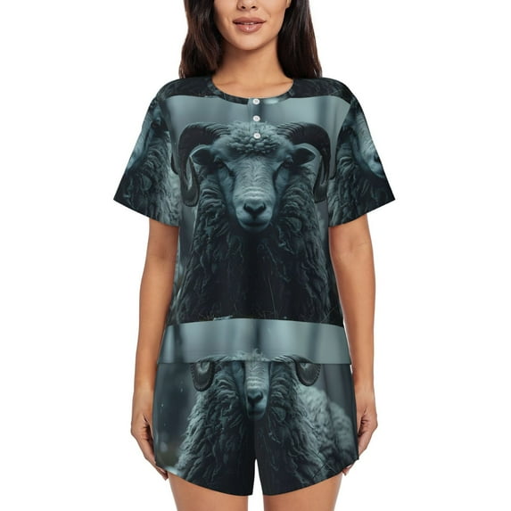 KLL Moody Ram Portrait Print Pajama Set for Women Short Sleeve Sleepwear Pjs Soft 2 Piece Lounge Sleepwear Sets-X-Large