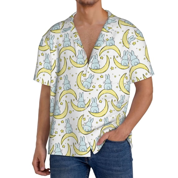 KLL Moon And Rabbit Print Men's Shirt Short Sleeve Button Down Summer Cuba Beach Shirts- Large