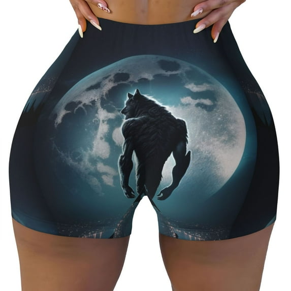 KLL Moon Wolf Warrior Pattern Workout Shorts for Women Scrunch Short Gym Yoga Running Sport Active Exercise Fitness Shorts