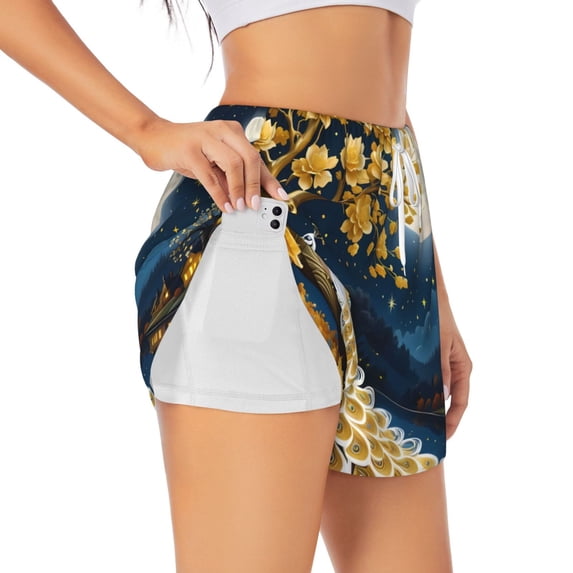 KLL Moonlit Golden Tree Peacock Pattern Shorts Women,Athletic Shorts High Waisted Running Shorts Pocket Sporty Short Gym Elastic Workout Shorts-X-Large