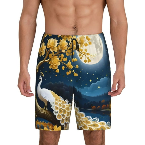 KLL Moonlit Golden Tree Peacock for Men's 1-Pack Shorts,Sleep Pajama Shorts for Men Soft Pj Shorts Men's Pajama Bottoms Sleepwear -4X-Large