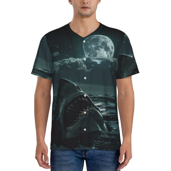 KLL Moonlit Night Sky Shark for Men's Baseball Shirts,Short Sleeve Casual Shirts Button Down Shirt for Men Beach Summer Wedding Shirt-Large