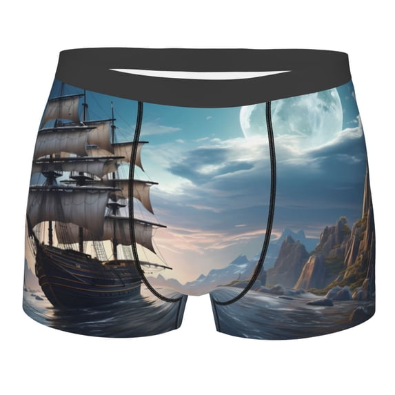 KLL Moonlit Sea Sailboat Men's Cotton Boxer Briefs Underwear-Medium