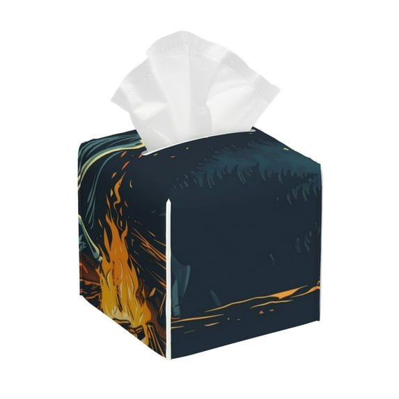 KLL Moonlit Skeleton Campfire Print Tissue Box Cover,Leather Tissue Holder Square Facial Tissue Case Facial Paper Organizer Dispenser for Bathroom, Vanity Countertop