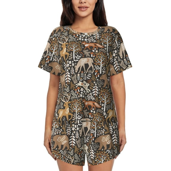 KLL Moose fox bear leaf tree Print Pajama Set for Women Short Sleeve Sleepwear Pjs Soft 2 Piece Lounge Sleepwear Sets-4X-Large