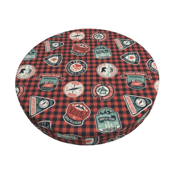 KLL Mountain Adventure Badges Round Bar Chair Cushion Cover 14 inch ,Bar Stool Protector with Elastic, Soft Washable