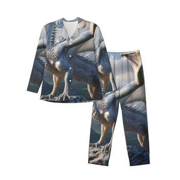 KLL Mountain White Dragon Sleepwear Mens Flannel Pajamas,Long Cotton Pj Set