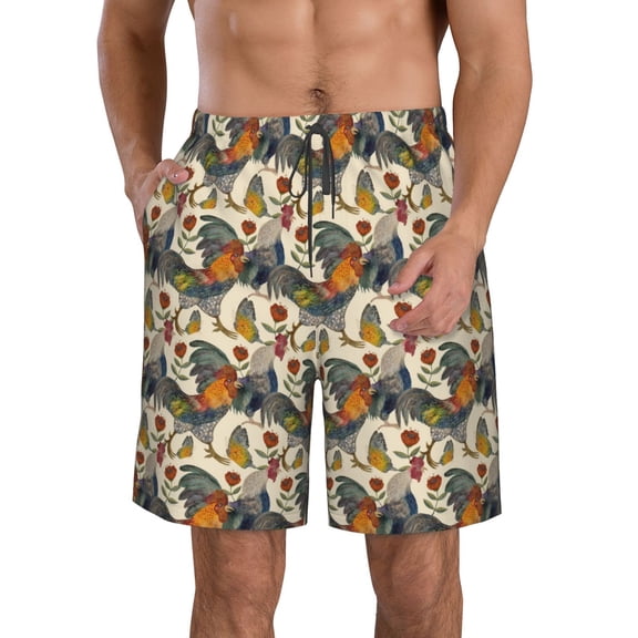 KLL Multi-Colored Roosters Men's Casual Summer Beach Shorts Hawaiian Shorts with Pockets-XX-Large
