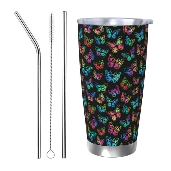 KLL Multicolored Butterflies Print 40oz Stainless Steel Insulated Car Cup with Spillproof Lid - Keep Your Drink Hot or Cold on the Go-Straw Three-piece Set
