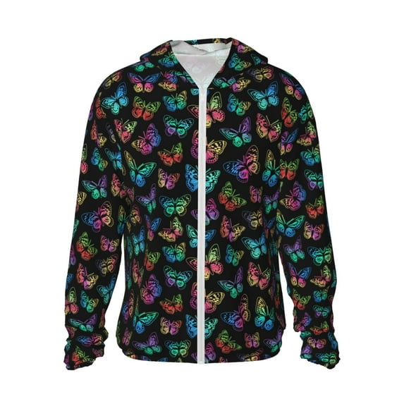 KLL Multicolored Butterflies Print Men's Women’s UPF 50+ Sun Protection Outdoor Hoodie Jacket Long Sleeve Fishing Hiking Performance Shirt- 3X-Large