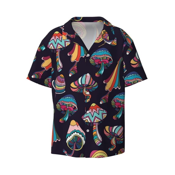 KLL Mushroom Doodle Print Men's Shirt Short Sleeve Button Down Summer Cuba Beach Shirts- XX-Large