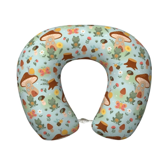 KLL Mushroom House Insect Frog Pattern Memory Foam Cervical Neck Pillow Versatile U-Shaped Pillows for Home/Office/Camping/Travelling/Soft Washable Cover