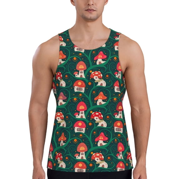 KLL Mushroom House Print Men's Muscle Gym Workout Stringer Tank Tops Bodybuilding Fitness T-Shirts Tank Tops Men-3X-Large