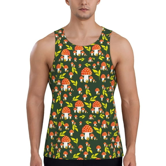 KLL Mushroom Leaf Print Men's Muscle Gym Workout Stringer Tank Tops Bodybuilding Fitness T-Shirts Tank Tops Men-3X-Large