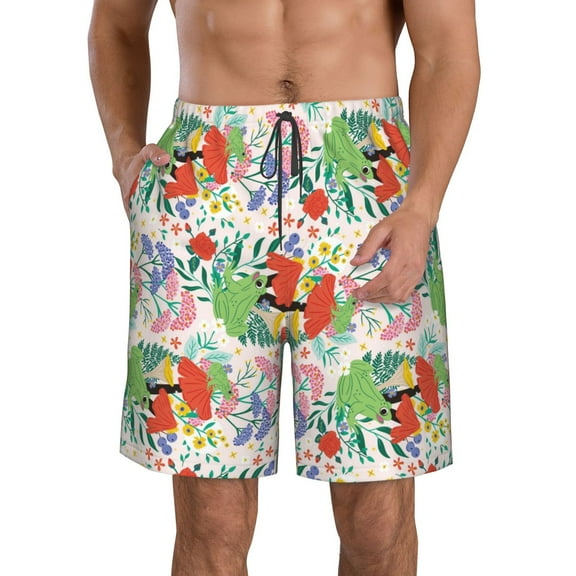 KLL Mushroom and Frogs Men's Casual Summer Beach Shorts Hawaiian Shorts with Pockets-X-Large