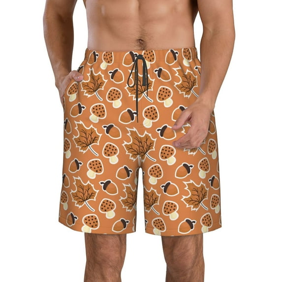 KLL Mushroom maple nuts Men's Casual Summer Beach Shorts Hawaiian Shorts with Pockets-Large