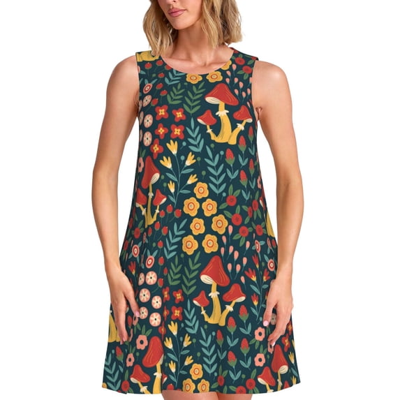 KLL Mushrooms And Flowers Pattern Womens Summer Dresses 2025,Loose Round Neck Sleeveless Sundresses Tank Dresses with Pockets