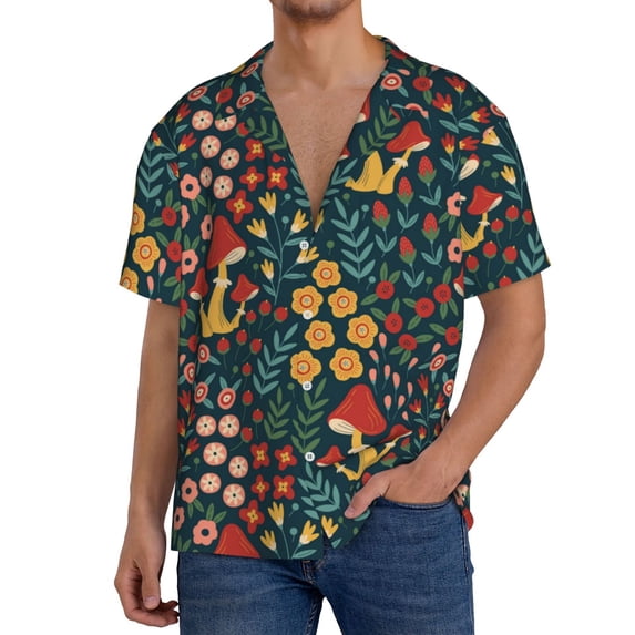 KLL Mushrooms And Flowers Print Men's Shirt Short Sleeve Button Down Summer Cuba Beach Shirts- Large