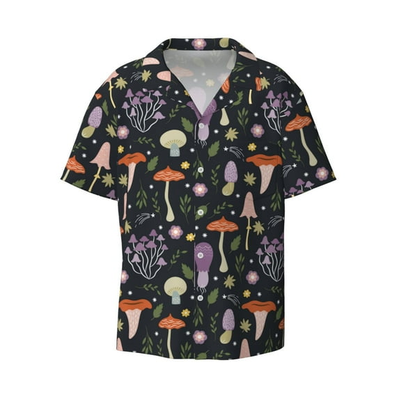 KLL Mushrooms Print Men's Shirt Short Sleeve Button Down Summer Cuba Beach Shirts- X-Large