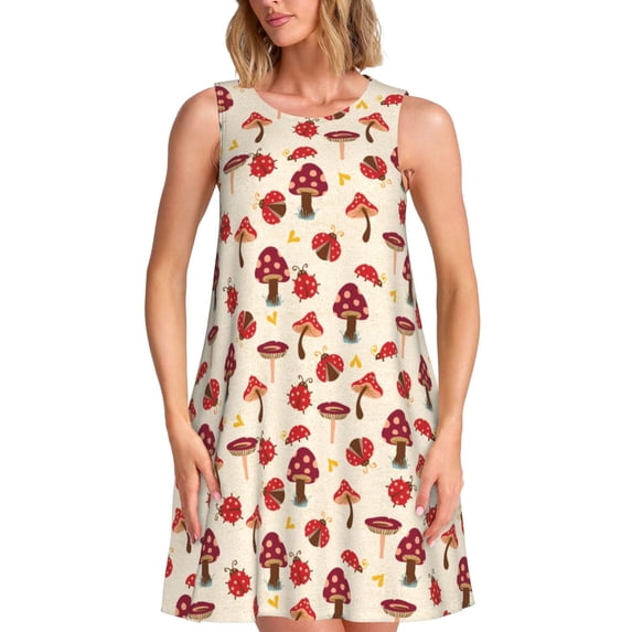 KLL Mushrooms and Lady Bugs Pattern Womens Summer Dresses 2025,Loose Round Neck Sleeveless Sundresses Tank Dresses with Pockets
