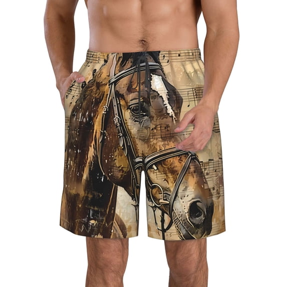 KLL Musical Horse Vintage Collage Men's Casual Summer Beach Shorts Hawaiian Shorts with Pockets-Medium