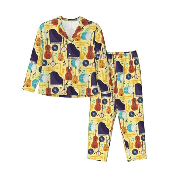 KLL Musical Instruments Print Women's Long Sleeve Pajamas with Pants Sleepwear Loungewear 2 Set-Medium