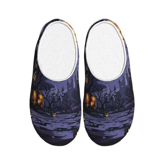 KLL Mystery House Halloween Night Pattern Adult Unisex Cozy Slippers,Fuzzy Slip-on Slippers TPR Sole Slippers Comfort Plush Home Footwear for Indoor & Outdoor-46/47