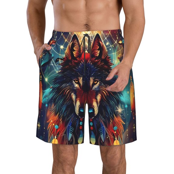 KLL Mystic Wolf Dreamcatcher Men's Casual Summer Beach Shorts Hawaiian Shorts with Pockets-XX-Large