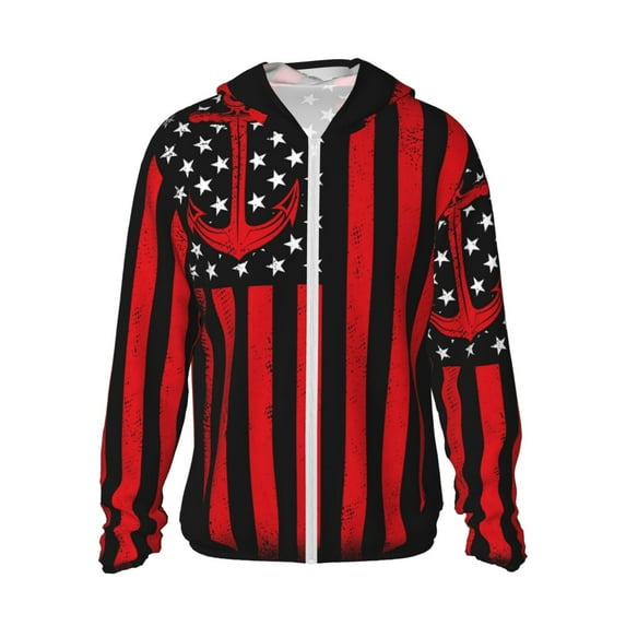KLL Nautical American Flag Print Men's Women’s UPF 50+ Sun Protection Outdoor Hoodie Jacket Long Sleeve Fishing Hiking Performance Shirt-Large