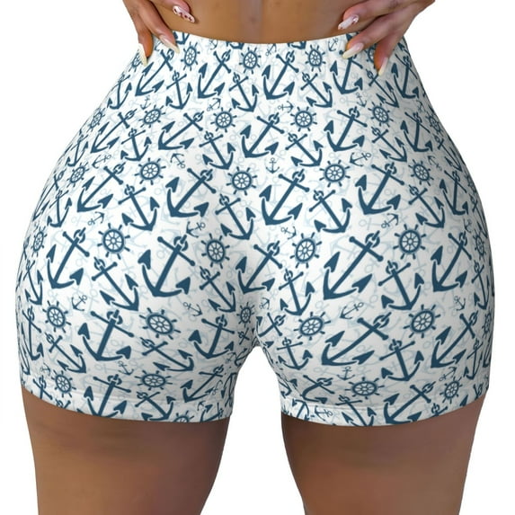 KLL Nautical Theme Anchors Pattern Workout Shorts for Women Scrunch Short Gym Yoga Running Sport Active Exercise Fitness Shorts