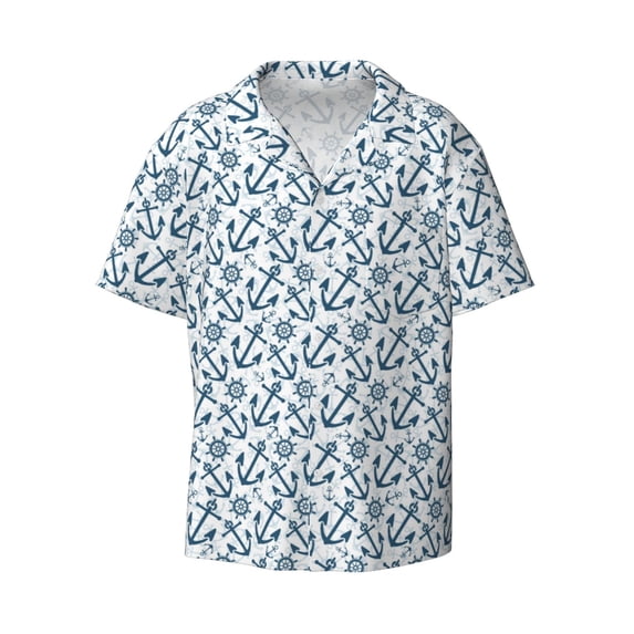 KLL Nautical Theme Anchors Print Men's Shirt Short Sleeve Button Down Summer Cuba Beach Shirts- Medium