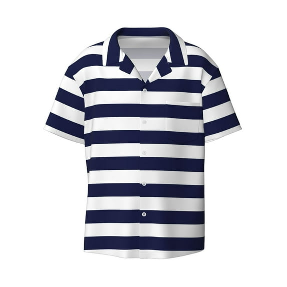 KLL Navy Blue And White Stripes Print Men's Shirt Short Sleeve Button Down Summer Cuba Beach Shirts- 4X-Large
