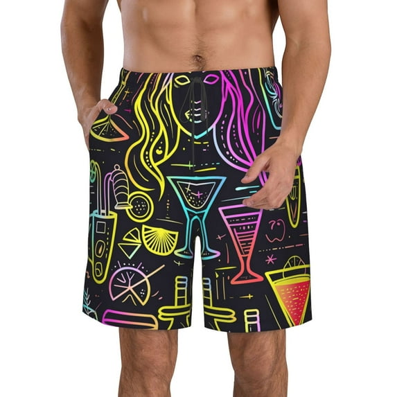 KLL Neon Bar Drinks Men's Casual Summer Beach Shorts Hawaiian Shorts with Pockets-Large