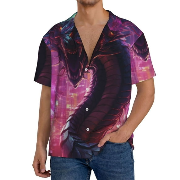 KLL Neon Futuristic Dragon Print Men's Shirt Short Sleeve Button Down Summer Cuba Beach Shirts- Medium