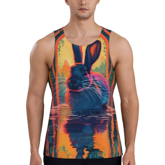 KLL Neon Rabbit In Archway Print Men's Muscle Gym Workout Stringer Tank Tops Bodybuilding Fitness T-Shirts Tank Tops Men-Medium