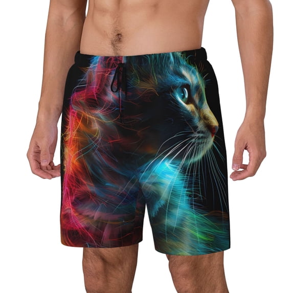 KLL Neon Spectrum Cat Portrait for Mens Swim Trunks Quick Dry Swim Shorts with Built-in Compression Liner Funny Swimwear Bathing Suits-Medium