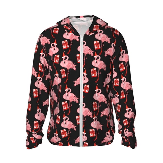 KLL New Year Flamingo Print Men's Women’s UPF 50+ Sun Protection Outdoor Hoodie Jacket Long Sleeve Fishing Hiking Performance Shirt- Medium