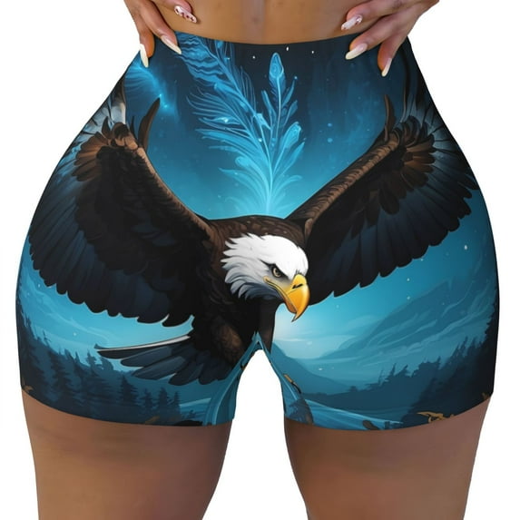KLL Night Sky Forest Bald Eagle Pattern Workout Shorts for Women Scrunch Short Gym Yoga Running Sport Active Exercise Fitness Shorts