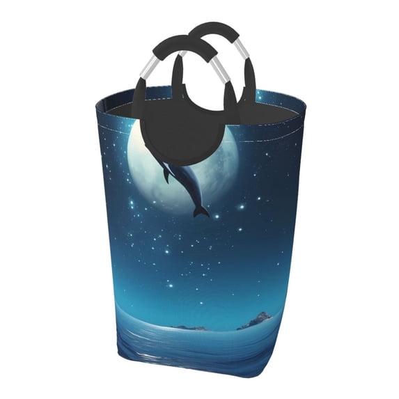KLL Night Sky Moon Dolphin Laundry Hamper,Large Canvas Fabric Lightweight Storage Basket Toy Organizer Dirty Clothes Collapsible Waterproof