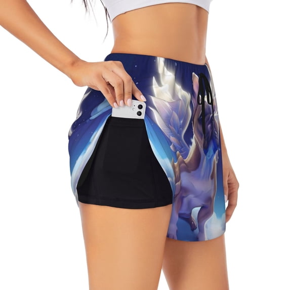 KLL Night Sky Winged French Bulldog Pattern Shorts Women,Athletic Shorts High Waisted Running Shorts Pocket Sporty Short Gym Elastic Workout Shorts-Medium
